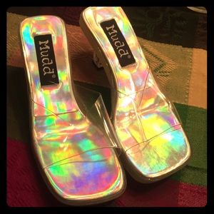 Clear holographic square toed heels